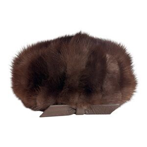 Christine Original Vintage Classic Mink Fur Pill Box Hat with Leather Bow Trim